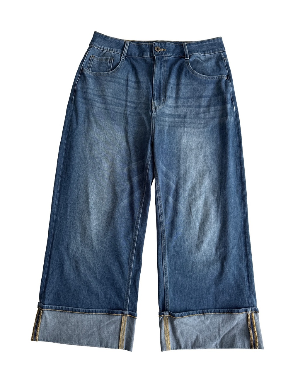 HALARA Jeans Women’s Petite Wide Leg Cuffed Blue High Rise Stretch Denim Large